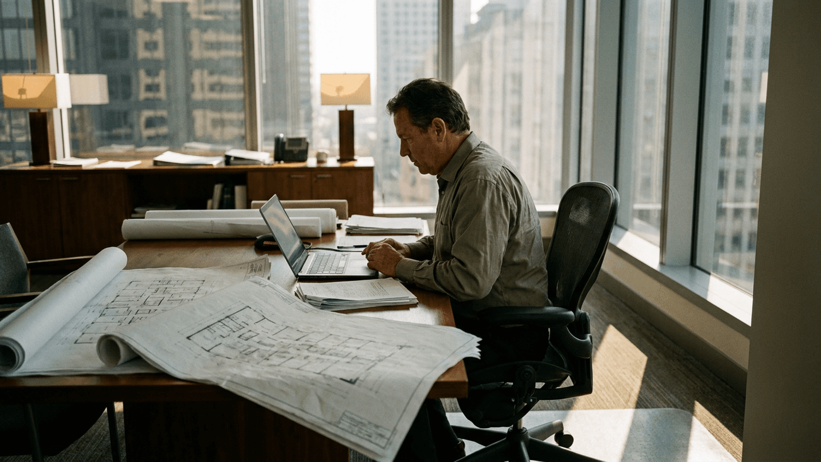 A property manager reviewing building floor plans at a high-rise office desk