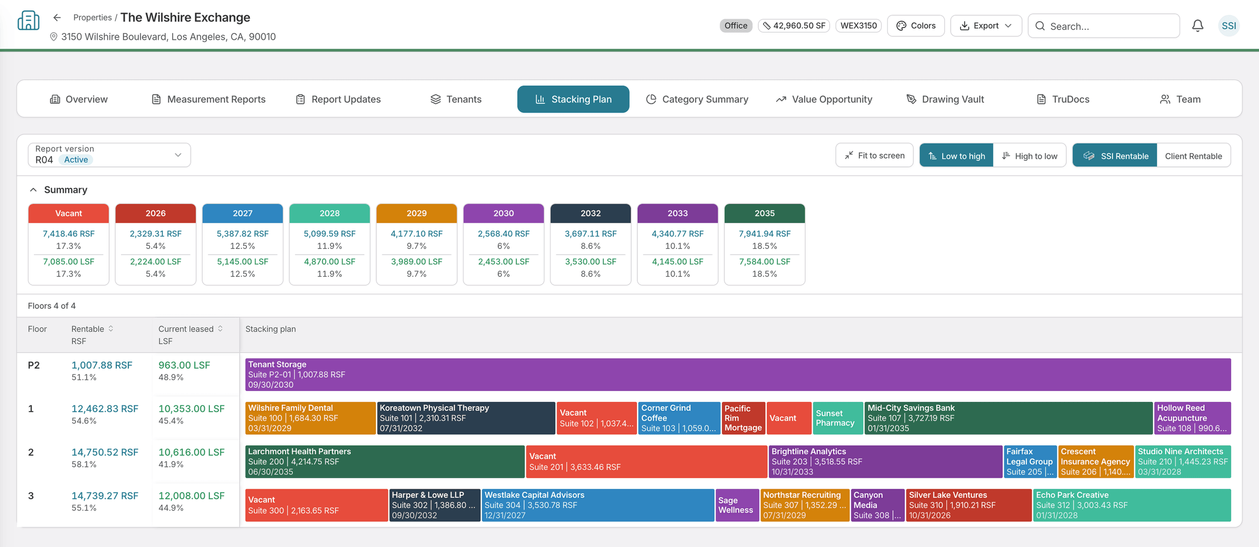 The Stacking Plan tab on a TruSpace property record: a summary of rentable and leased area by lease-expiration year, from vacant through 2035, above a floor-by-floor plan where each suite is a bar sized to its area and colored by the year its lease expires, labeled with the tenant, suite number, area and expiry date.