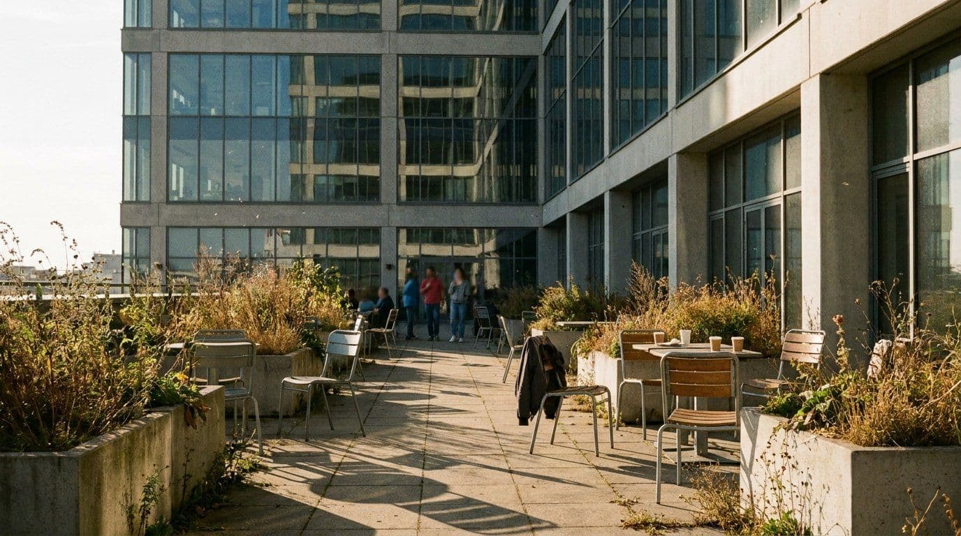 Ground-level outdoor terrace amenity at a modern office tower, the kind of space BOMA 2024 can now count as rentable