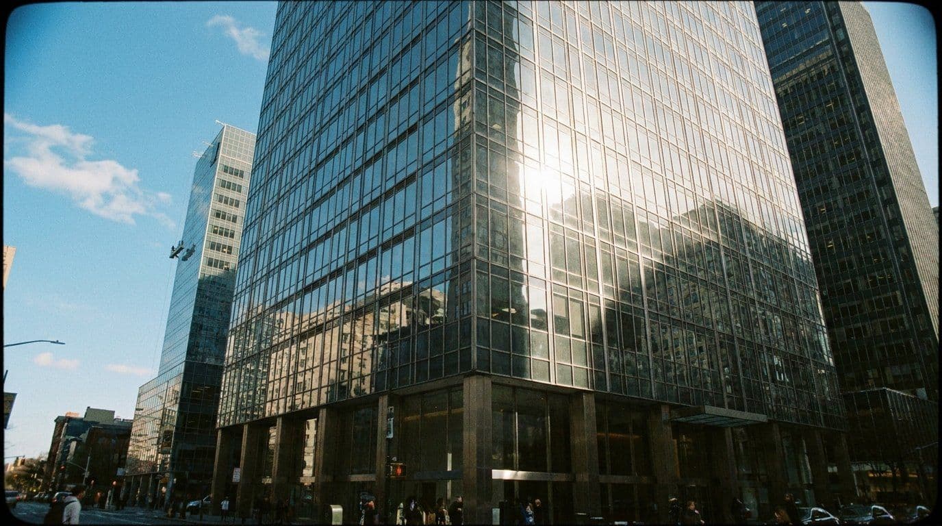 Glass office tower facade rising against the sky