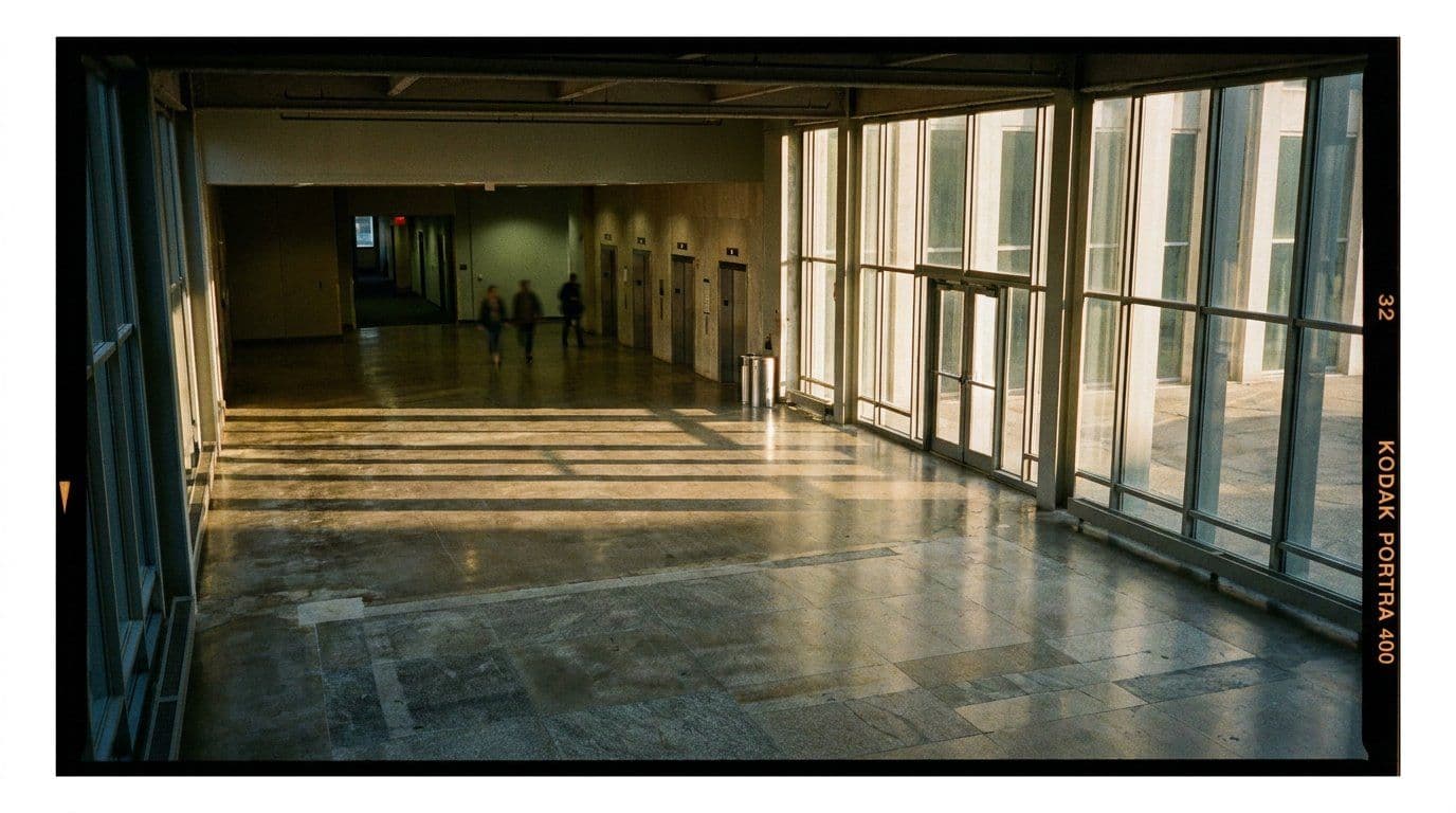 Class A office lobby with elevators and corridors, the shared space that turns usable square footage into rentable
