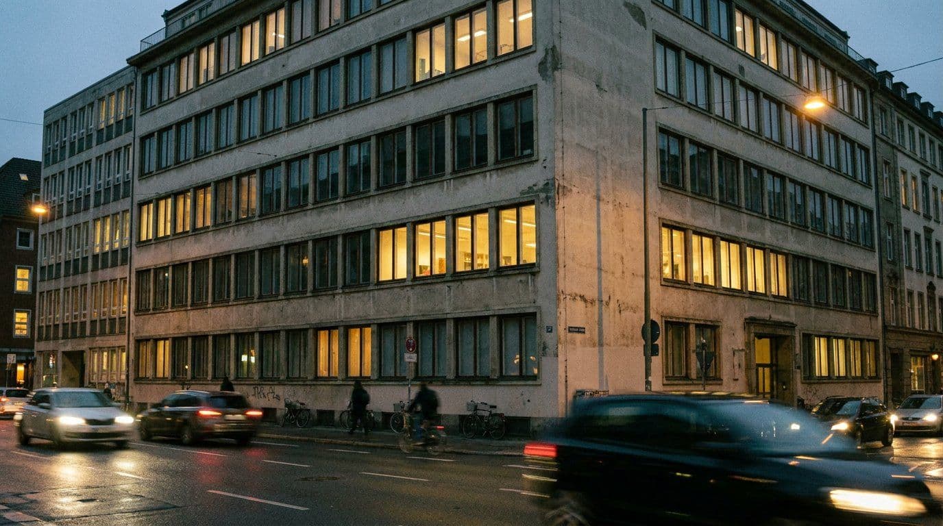 Office building at dusk with floors lit unevenly, a portfolio of space behaving like a balance sheet