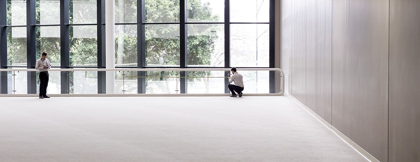 Modern office interior with floor-to-ceiling windows