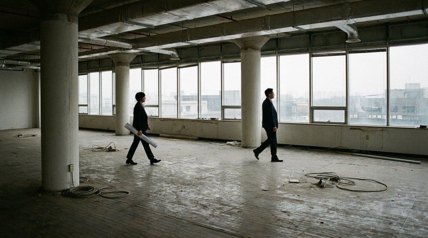 Two professionals walking a vacant office floor with rolled drawings during a site inspection
