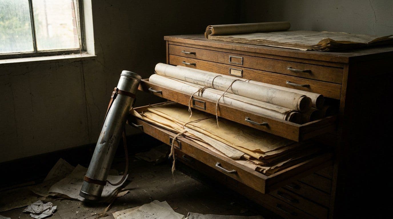 Flat file drawers with aged rolled blueprints and yellowed drawings